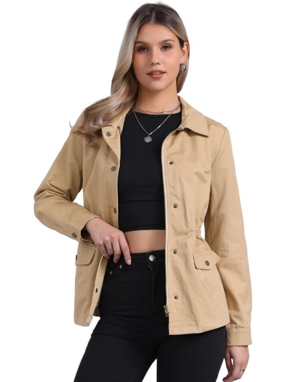 Women's Tan Zip Up Snap Buttons Drawstring Waist Pockets Anorak Utility Jacket